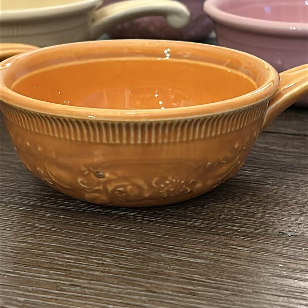 Vintage Set of Colorful Ceramic Soup Bowls oven serve ware handles 5 pieces - Picture 3 of 9
